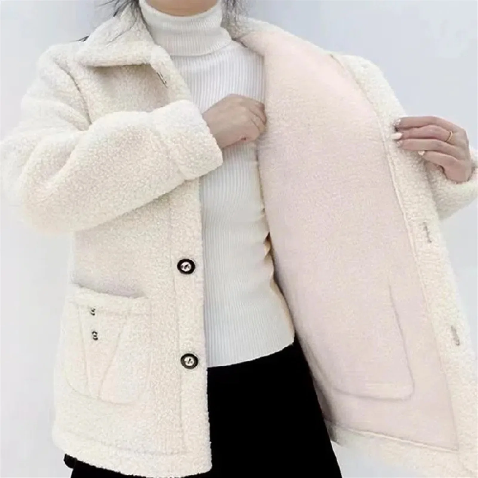 Women's Lamb Plush Casual Coat Cozy Button Closer Coat Solid Color Style Gift for Christmas Birthday New Year