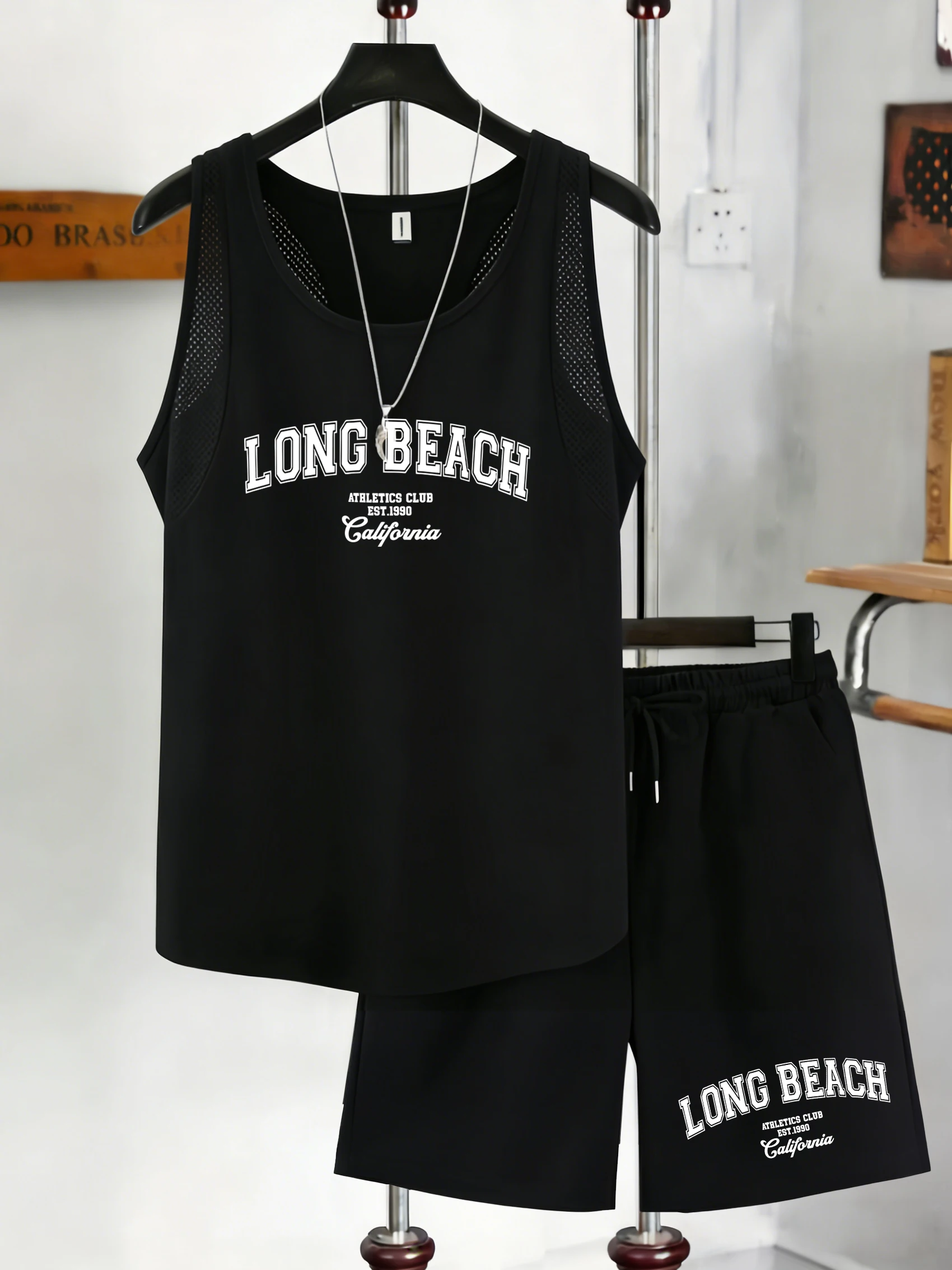 

Long Beach California Print Men Reticular Vest Suit Summer Drawstring Shorts Fashion Sleeveless Top Unisex Basics Sport Vests
