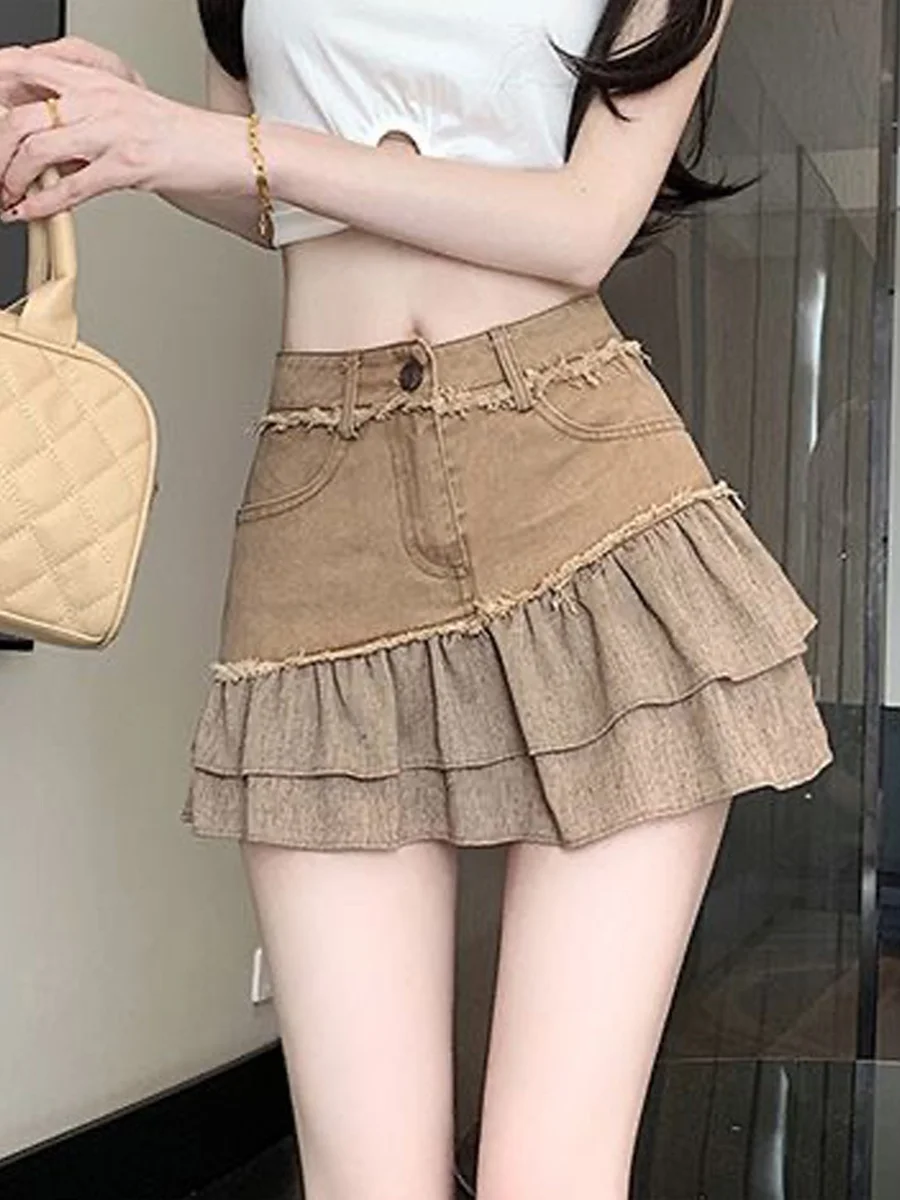 American Style Short Denim Skirt Women's New Design Sense Frayed  Splicing Pleated A-Line  Skirt Small Size
