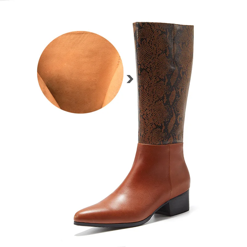 Knee High Men Boots with Heels Autumn Luxury Genuine Leather Fashion Snake Pattern Winter Warm Shoes for Male Brown Boots Zipper