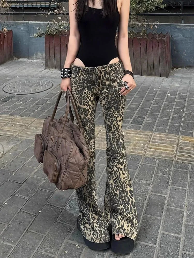 Jean da donna con stampa leopardata Jeans a vita bassa American Retro Gyaru Coquette Coquette Y2k giapponese anni 2000 High Street Harajuku Goth