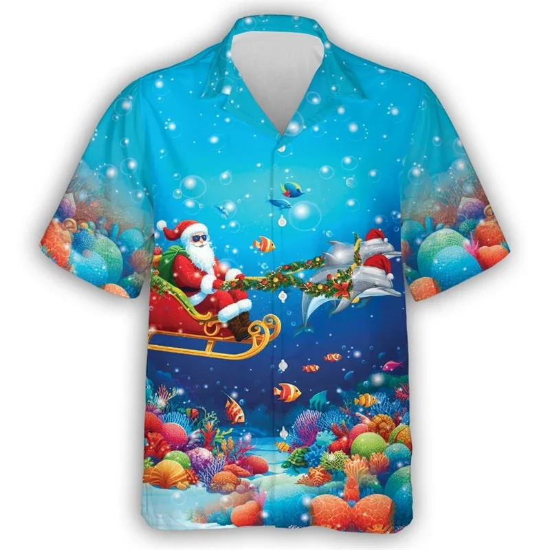 2025 New Funny Santa Claus 3D Printed Short Sleeve Shirts for Men Clothes Christmas Man Beach Shirt Hawaii Xmas Gifts Button Top