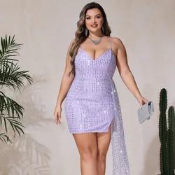 Plus Size Women Party Dresses Fashion Sequins Sexy V-Neck Halter Mesh Flutter Short Dress Temperament Elegant Evening Dresses