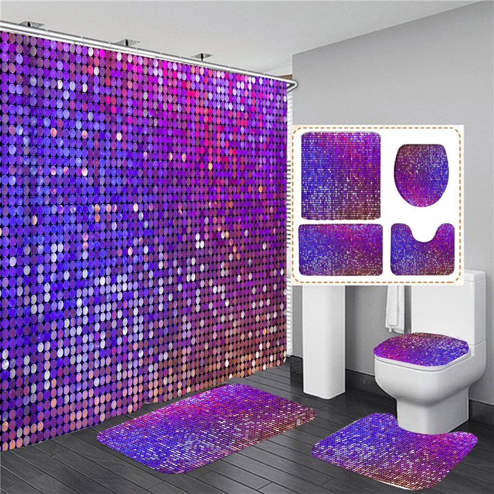 Gold Shiny Mosaic with Colorful Pattern Bathroom Shower Curtains Toilet Lid Cover Mats Non-Slip Carpet Bath Rugs Home Decor