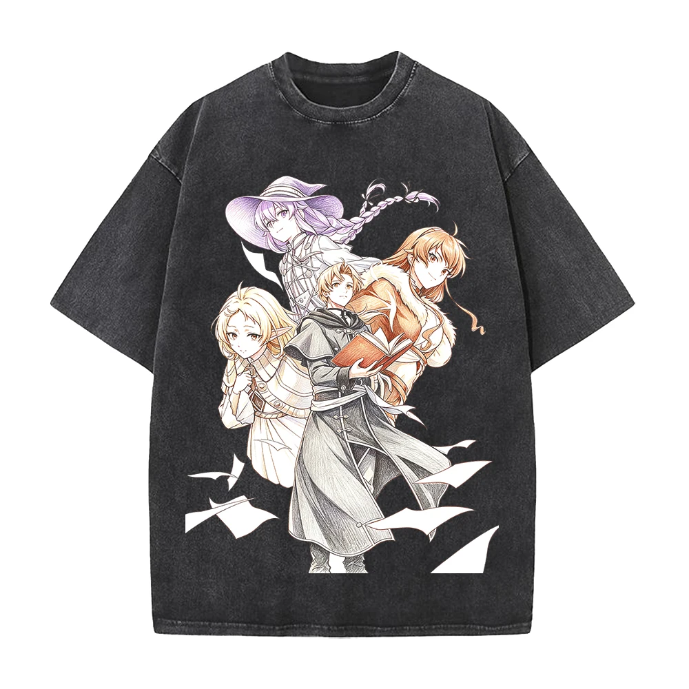 Anime Mushoku Tensei Rudeus Roxy Eris And Sylphiette Graphic T Shirt Men Women Washed Cotton Tshirt Casual Clothing Male T-shirt