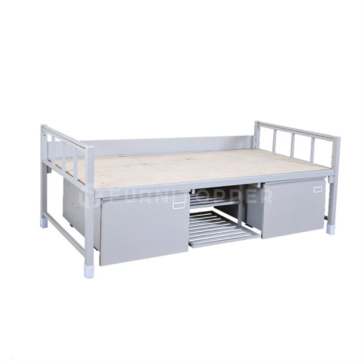 Modern Bedroom Furniture Iron Steel Double Layer Bed Metal Bunk Bed with Bottom Storage Cabinet