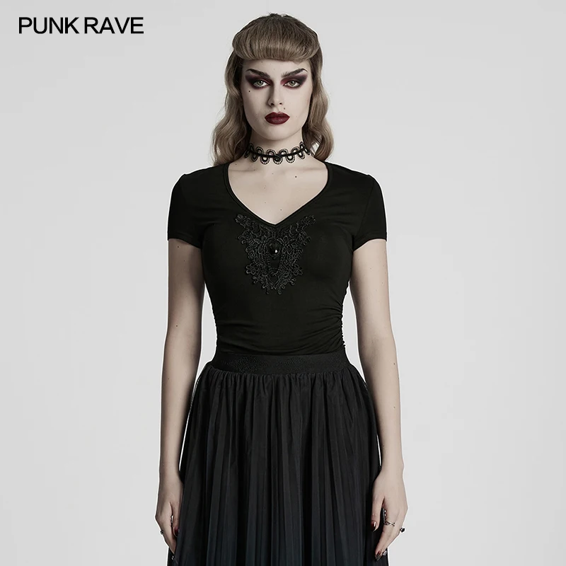 

PUNK RAVE женская готическая простая стильная тонкая футболка с глубоким v-образным вырезом и складками на талии, элегантные черные летние футболки с цепочками из драгоценных камней