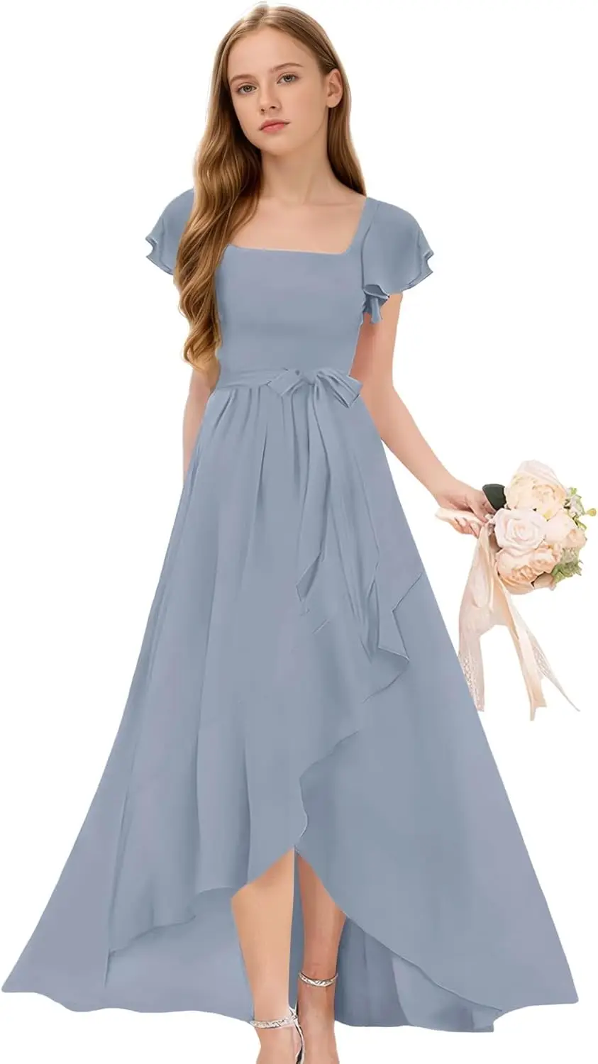 Младшие платья подружки невесты для девочек-подростков, шифоновое платье с короткими рукавами для девочек с цветочным узором, пышные платья для свадебной вечеринки, платье для девочек