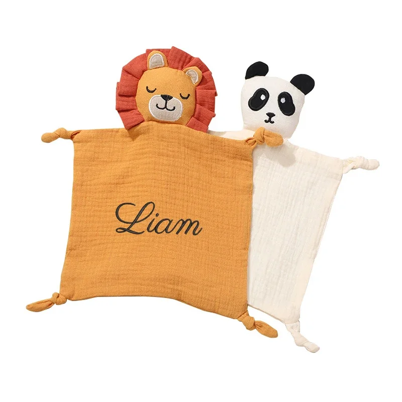 Personalized Name Baby Cotton Muslin Comforter Blanket Newborn Sleeping Cute Lion Panda Toy Soothe Appease Towel Saliva Towel