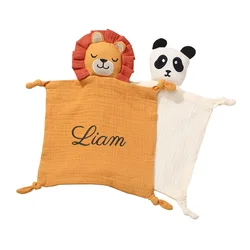 Personalized Name Baby Cotton Muslin Comforter Blanket Newborn Sleeping Cute Lion Panda Toy Soothe Appease Towel Saliva Towel