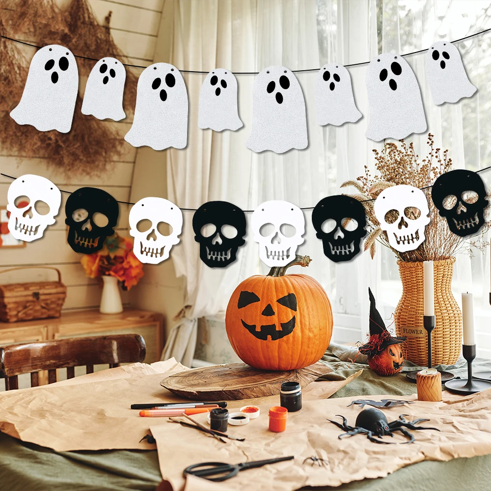 

1pcs Halloween Skull Ghost Banner Garland Home Fireplace Decoration Halloween Ghost Theme Party Decoration Hanging Paper Banner