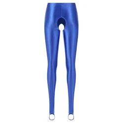 Womens Mid Waist Elastic Waistband Pants Glossy Open Crotch Stirrup Leggings Crothless Sexy Skinny Pants Lingerie Exotic Costume