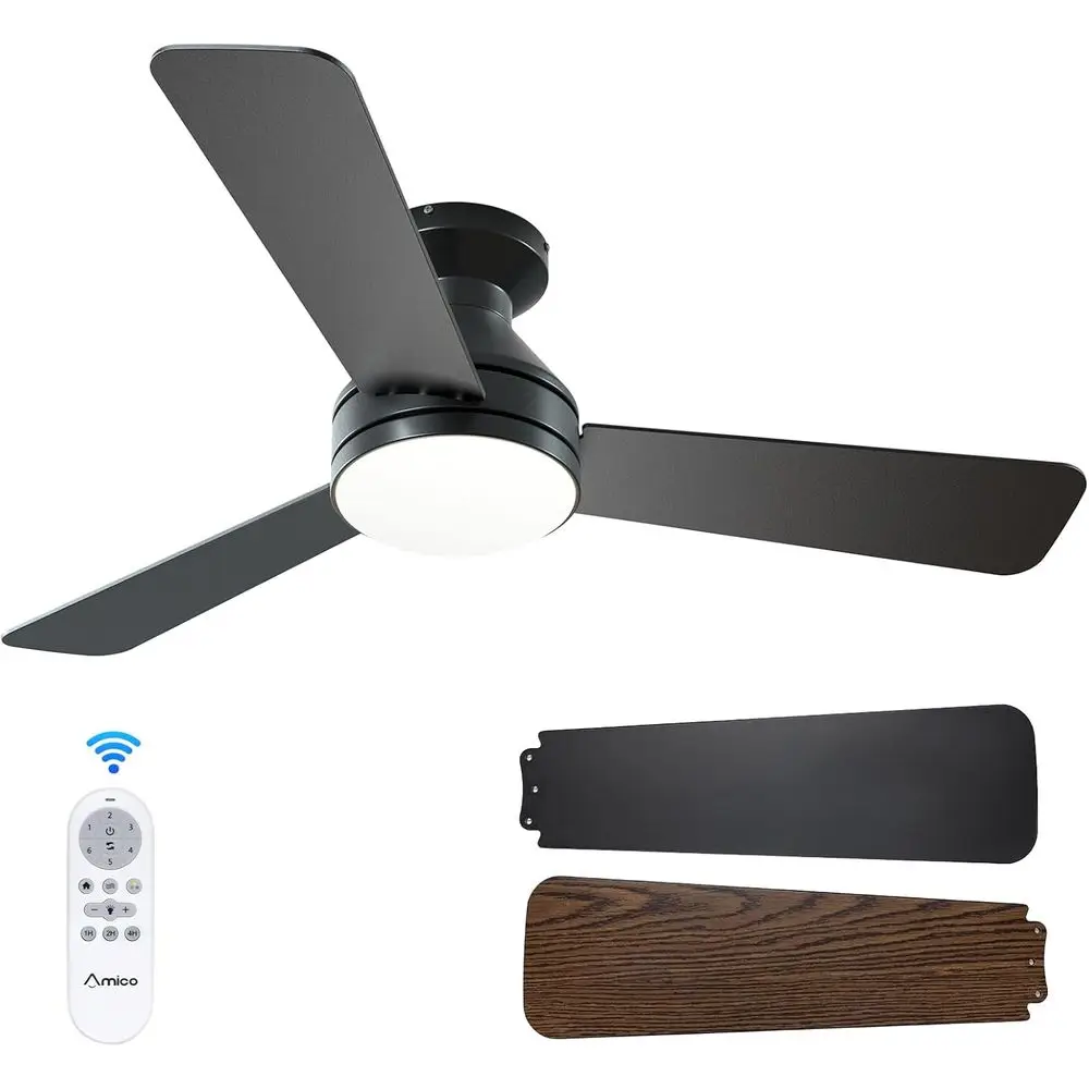 

42 Slim Profile Ceiling Fan with Light, Remote, Reversible Blades, 3-Speed, Dimmable, Quiet, Black for Indoor/Outdoor