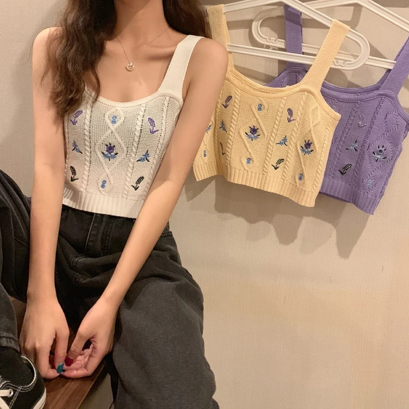 Korean Style Cute Floral Embroidery Sweater Vest Women Spring Summer Sleeveless Knit Tank Top White Beige Purple Crop Top Ladies
