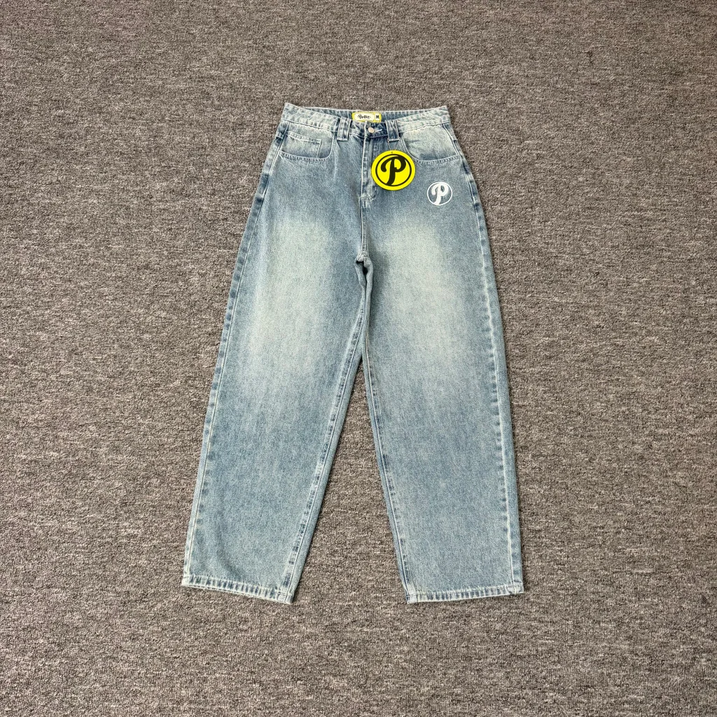 Protect High-Quality Retro Washed Denim Pants - Men's and Women's Loose Straight Heavyweight Embroidered Trendy Long Pants