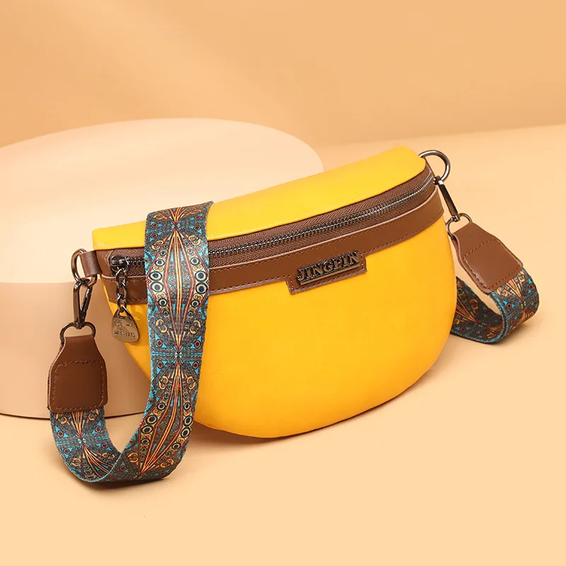 Elegant Contrast Colour PU Leather Waist Bags For Women 2023 Vintage Fanny Pack Ladies Waist Pack Wide Strap Crossbody Chest Bag