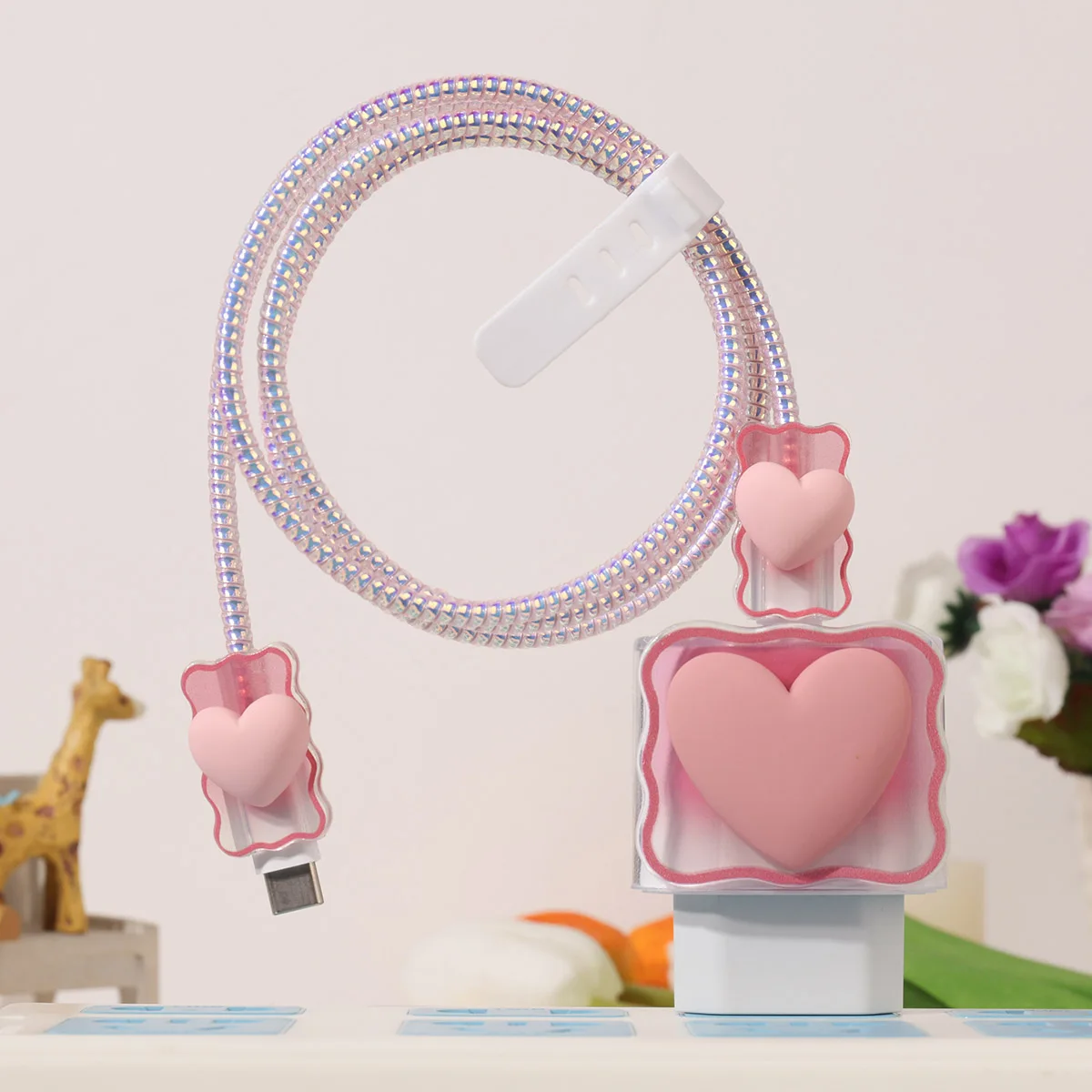 3D Love Heart Soft Silicone Charger Cover Anti-break Cable Data Spiral Winder for 18W 20W EU Plug Fast Charging Block