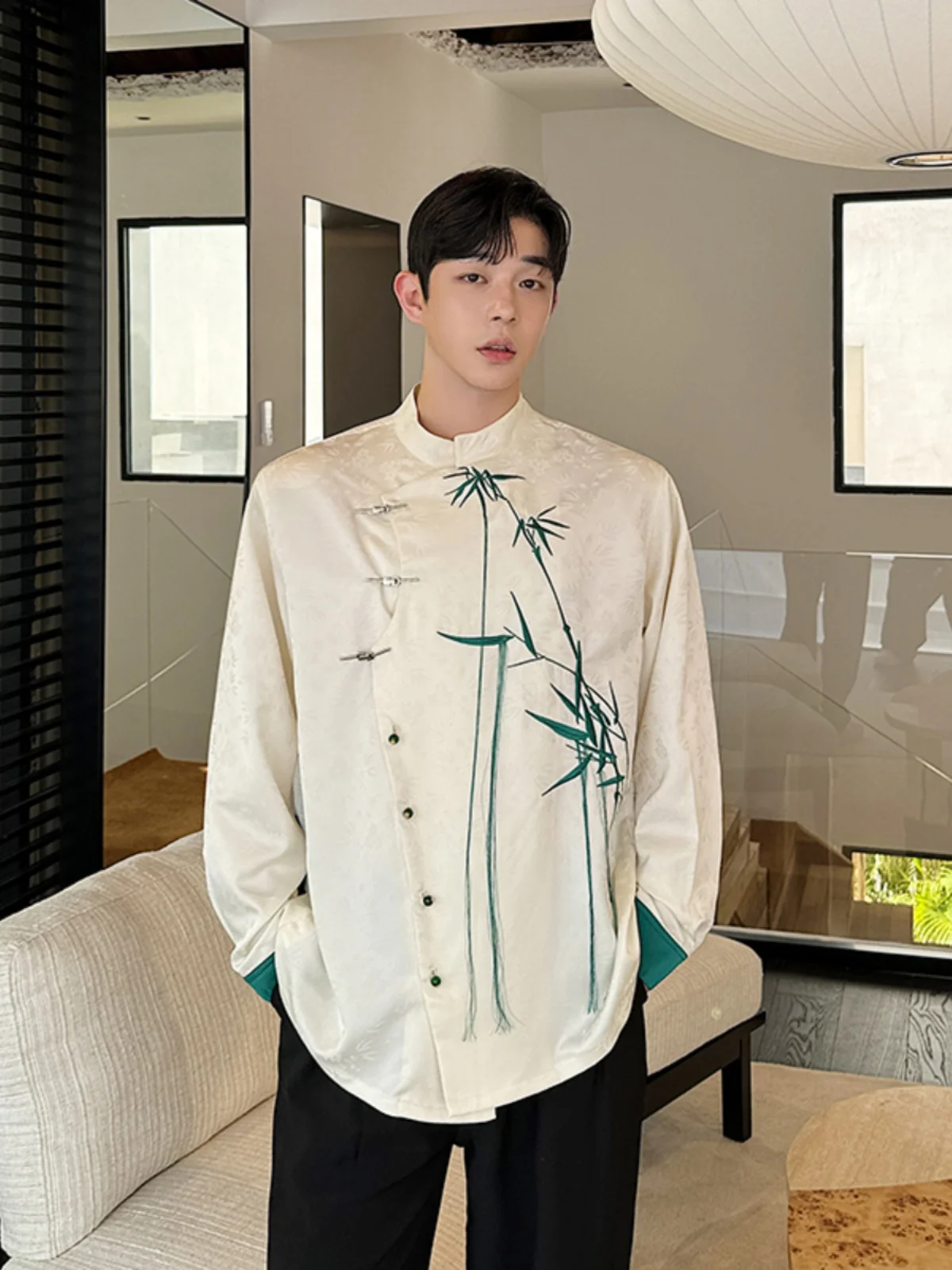 

New Chinese Sle Long Sve Men's irt Metal Button Contrast Color Loose Fit Embroidery Tassel Design Retro National Trend