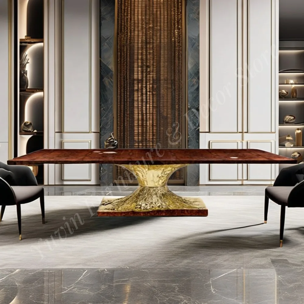 High-End 12-Seater Solid Wood Dining Table Set Hand-Drawn Polished  Luxury Copper Table  Modern Villa Furniture for Dining Room