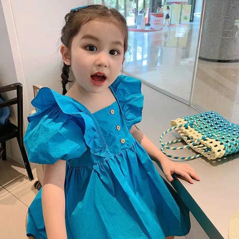 Children's Dress Girl's 2024 Summer New Korean Edition Pure Cotton Bubble Sleeves Dress Children's Princess Dress 1-8Y