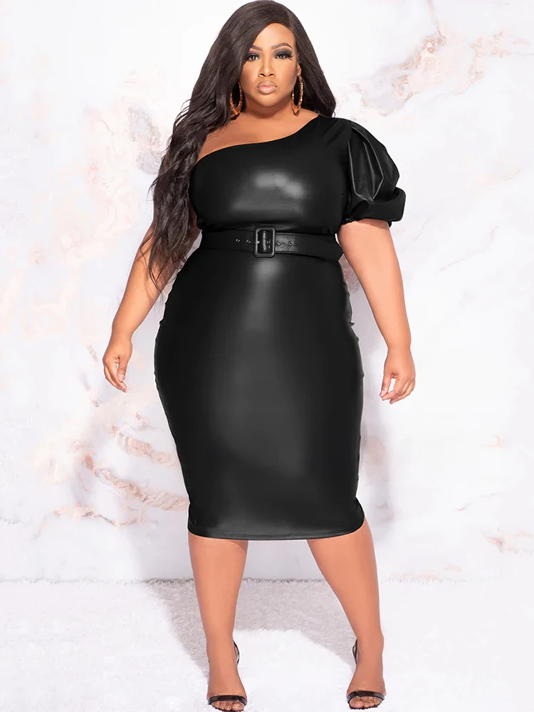 Plus Size Women One Sleeve Matte Leather Dress 9XL Stretch PU Strapless Midi Dress Back Hem Split 6XL Ladies Bodycon Dress Party