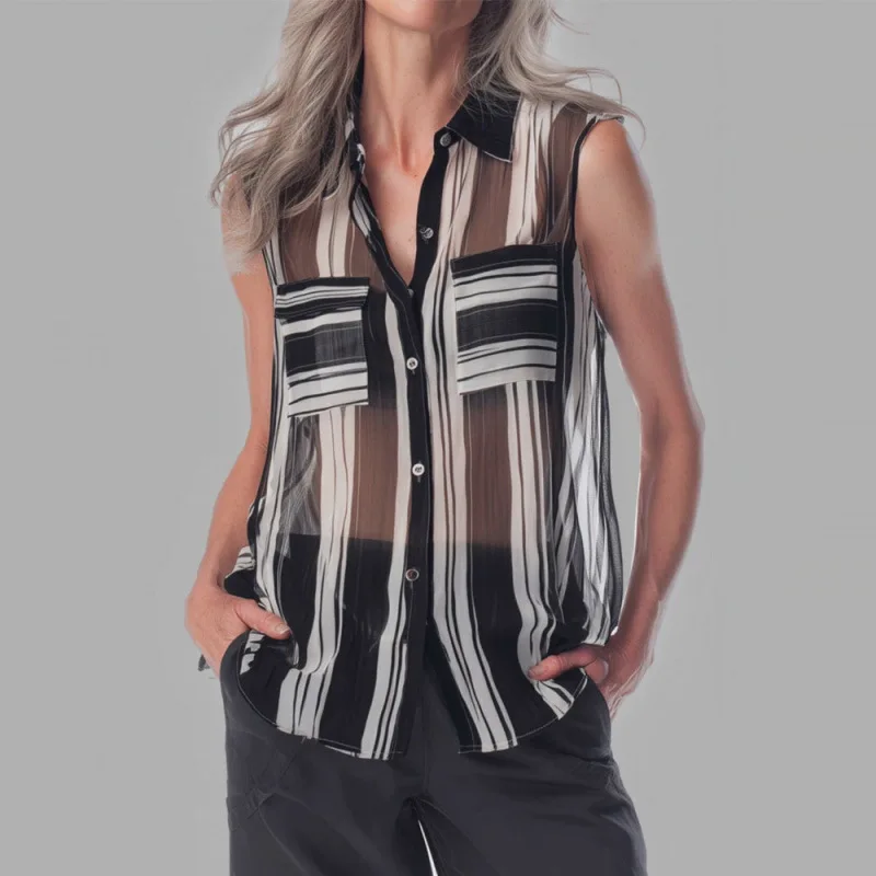 

2026 European American Spring/Summer New Sleeveless Shirt, Casual And Sexy See-Through Striped Top