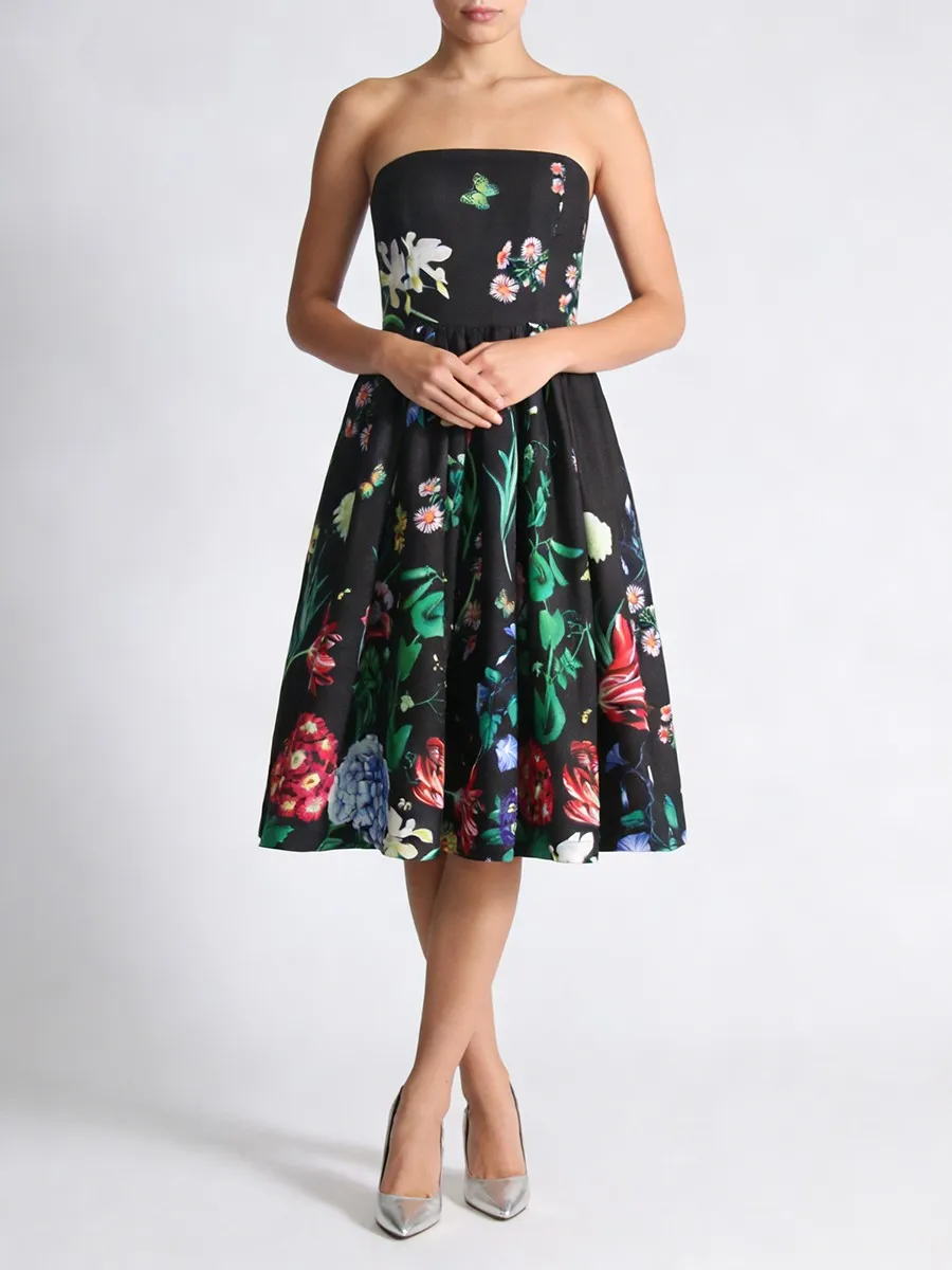 TWOTWINSTYLE Black Printing Spliced Shirring Fashion Dresses for Women Strapless Sleeveless High Waist Elegant Dress Female New