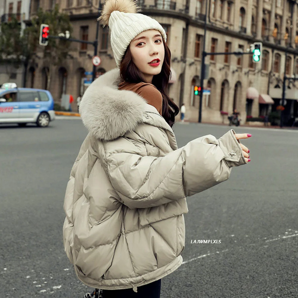 Natural Fox Fur Large Hooded Winter Coat Women 90% White Duck Down Jacket Thick Warm Parkas Female Outerwear Pure Color