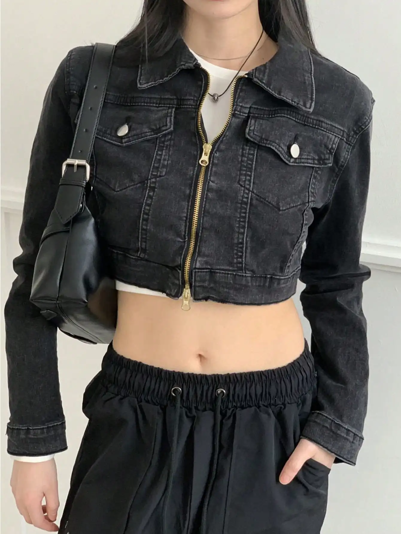 Korean Chic Cool Double-Ended Zipper 2024 Autum Short Denim Jacket