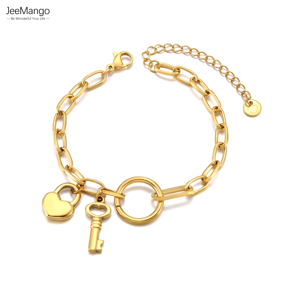 JeeMango Thick Chain Gold Plated Key Lock Charm Bracelet for Women Fashion Stainless Steel Metal Bangles Bracelet Jewelry B26007