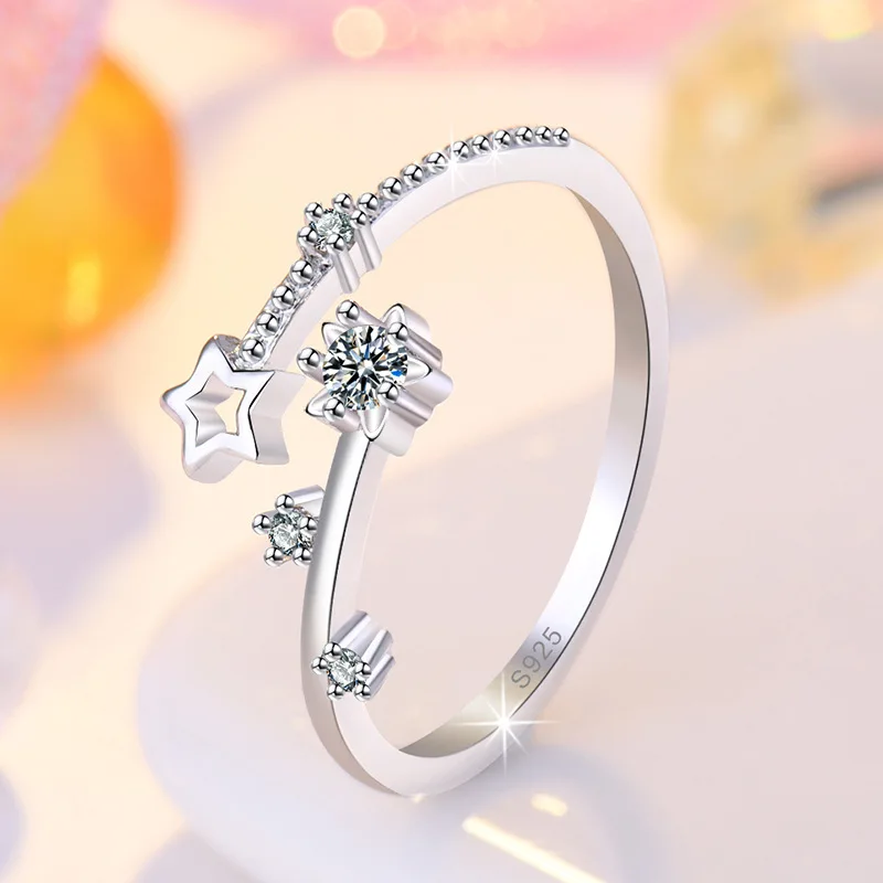 

925 Sterling Silver Fashion Star Crystal Adjustable Statement Ring For Women Girls Anniversary Gift Trendy Jewelry Wholesale