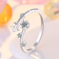 925 Sterling Silver Fashion Star Crystal Adjustable Statement Ring For Women Girls Anniversary Gift Trendy Jewelry Wholesale