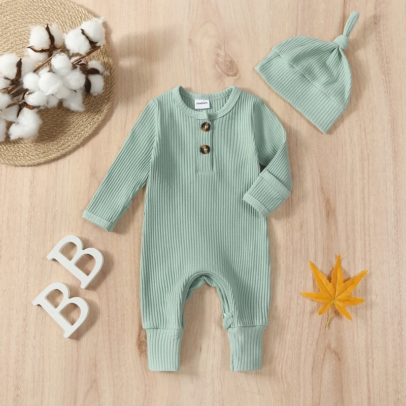 Newborn Baby Boy 2 Pieces Outfits Solid Color Ribbed Long Sleeve Romper with Hat for Infant Spring Autumn Clothes