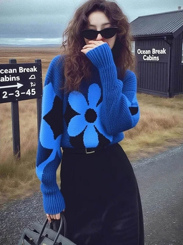 

Корейский роскошный вязаный свитер с вышивкой для женщин, свободный, длинный, зимний, дышащий, комфортный, мягкий, с цветочным узором