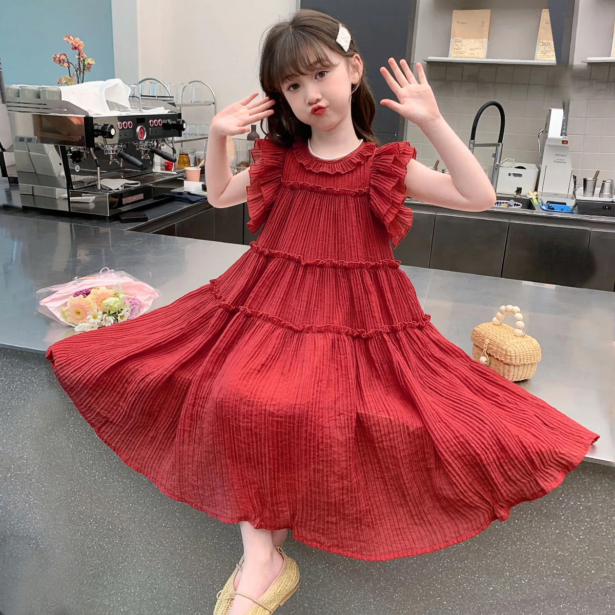 

summer red white tencel cotton teenage girls dress robe fille junior Lotus leaf sleeve cake sleeveless princess long dresses 12