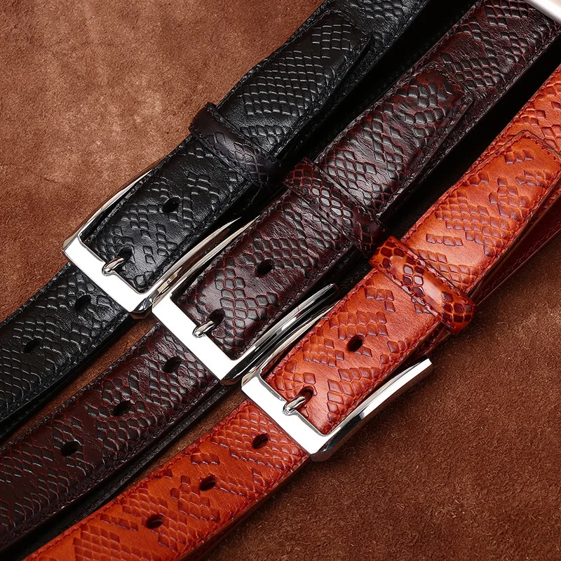 Ceinture en cuir de vachette véritable pour hommes, ceinture en cuir de vachette pur, ceinture de cow-boy, sangle de pantalon habillé masculin, motif de broche d'entreprise, 3.5cm