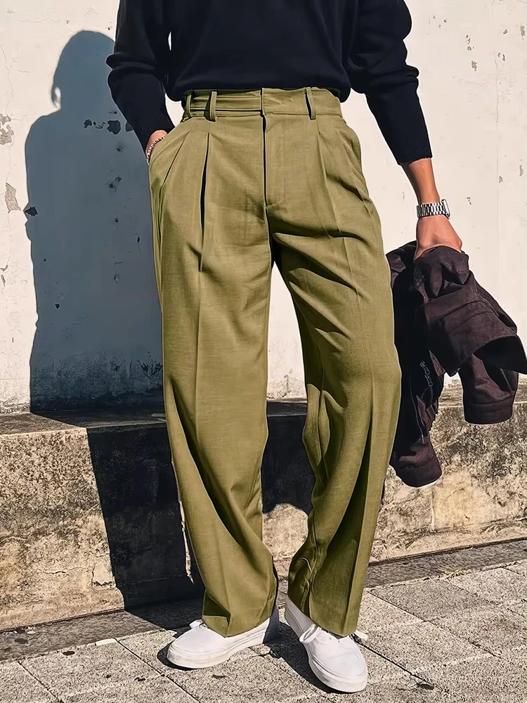 Streetwear Fashion Mens Suit Pants 2025 Spring Summer Casual Loose Straight Trousers Men Vintage Solid Belt-up High Waist Pants