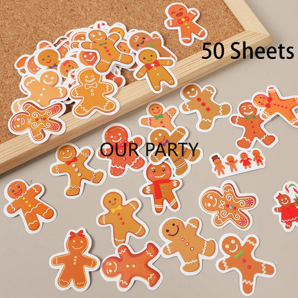 50Pcs/Bag Cute Gingerbread Man Graffiti Sticker Toy Gift Box Sealing Sticker for Merry Christmas New Year Party Favors Decor