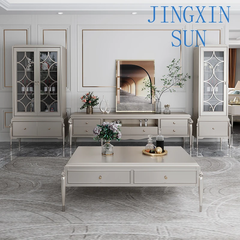 American Light Luxury Coffee Table TV Cabinet Combination for Modern Living Room Neoclassical Gold Indoor Use for Sofa Living
