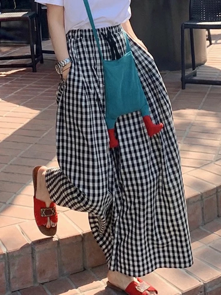 

Черно-белые клетчатые широкие брюки, женские летние свободные повседневные брюки с эластичной резинкой на талии, корейский дизайн с высокой талией
