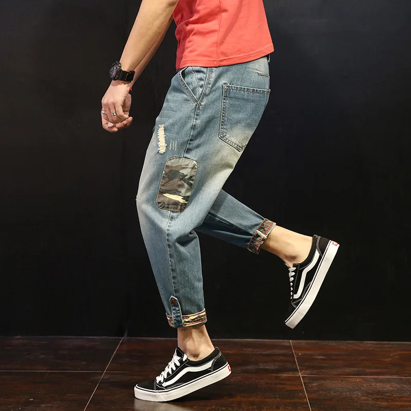 

KIDWHXR Man Harem Pant Vintage Contrast Color Patchwork Hole Male Denim Pant Streetwear Loose Casual Men Ankle-length Pant