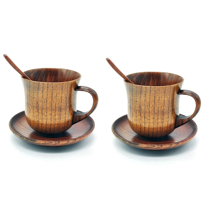 

New-6Pcs/Set Wooden Cup Saucer Spoon Set Coffee Tea Tools Accessories