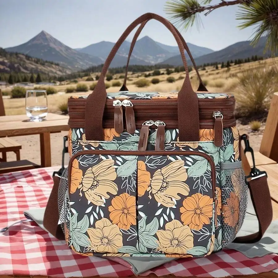 Leakproof Lunch Box Cooler Bag For Women Men Double Deck Lunch Box,Expandable Large Lunch Bags,Reusable Adults Floral Lunch Tote