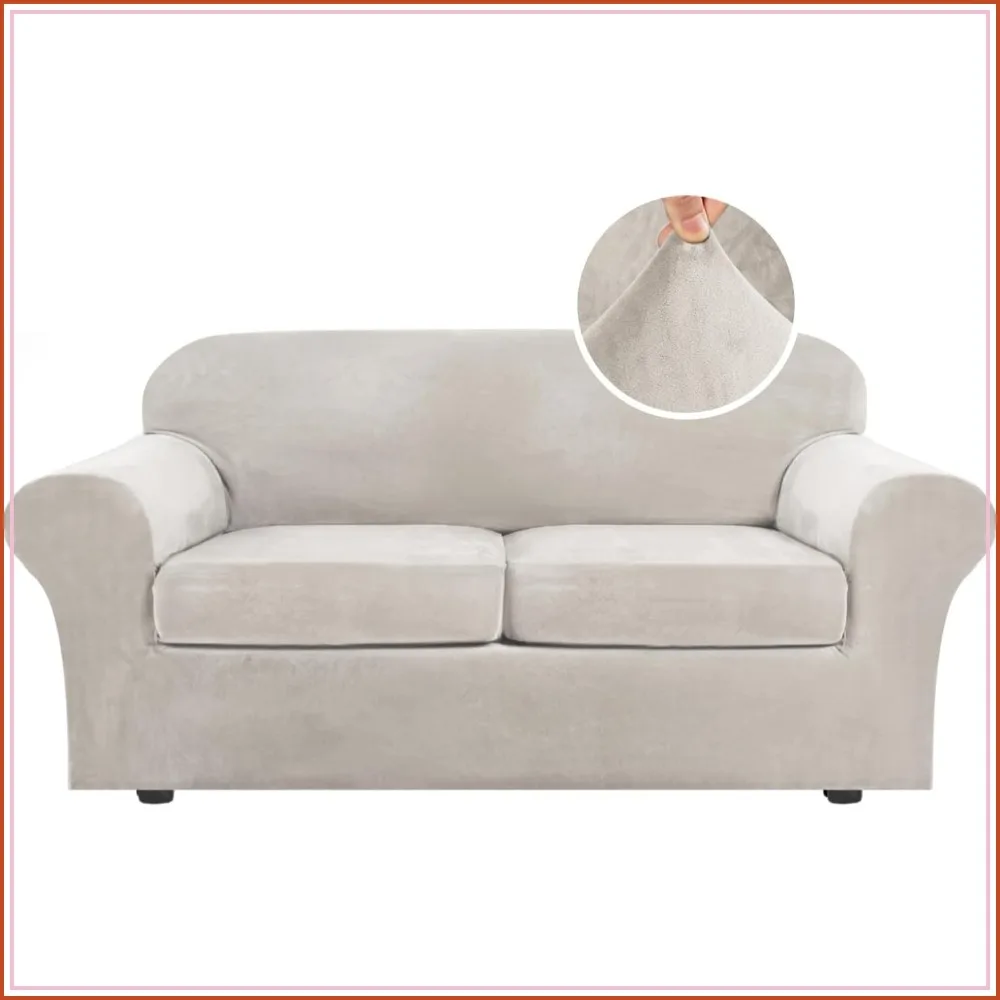 Real Velvet Plush 3 Piece Stretch Sofa Cover for 2 Cushion Couch Up to 90 in Oatmeal