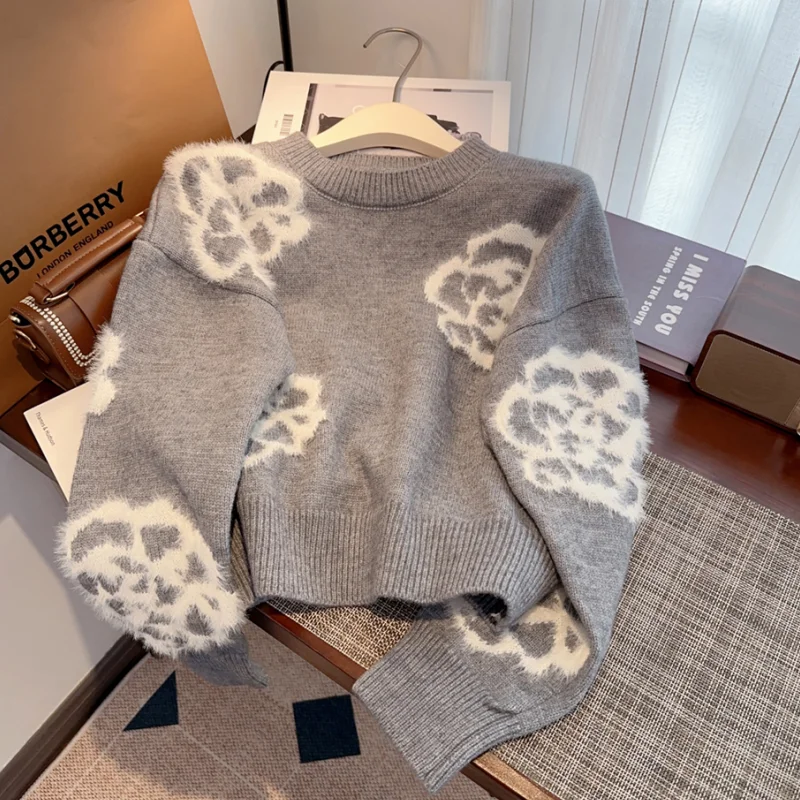 Printing Grey Cashmere Jacket Women\'s Clothing Knitting Sweater Round Neck Long Sleeves Pullover Vintage Fashion Autumn Tops