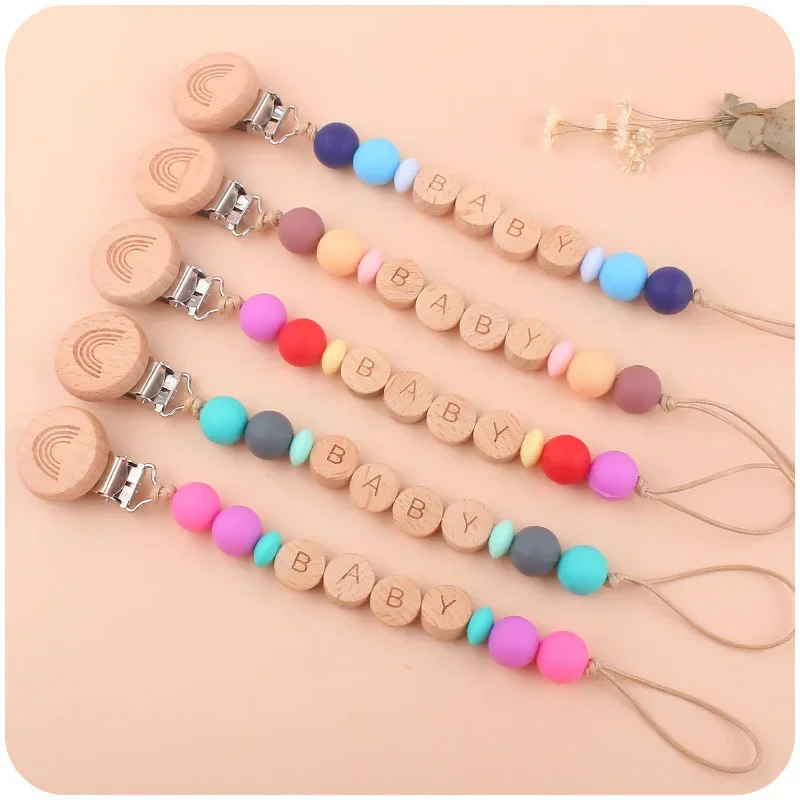 Kissteether New Cartoon Beech Wood Rainbow Clip For Baby Products DIY Name Soothing Pacifier Chain Anti Drop Chain Care Chew Toy