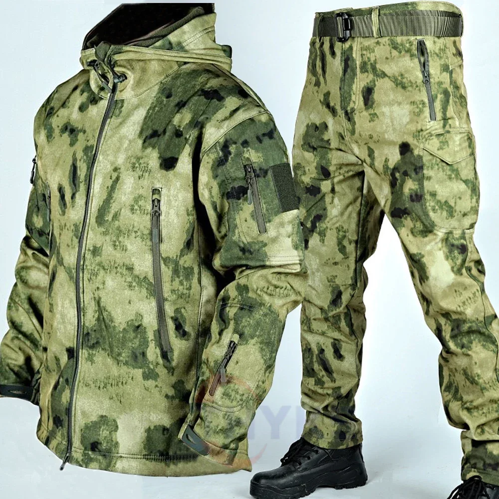 Sharkskin Sets Men Winter Work Pants 2 Pcs Set Outdoor Waterproof Tactical Suit Camo Mutli Pocket Combat Jacket Fishing