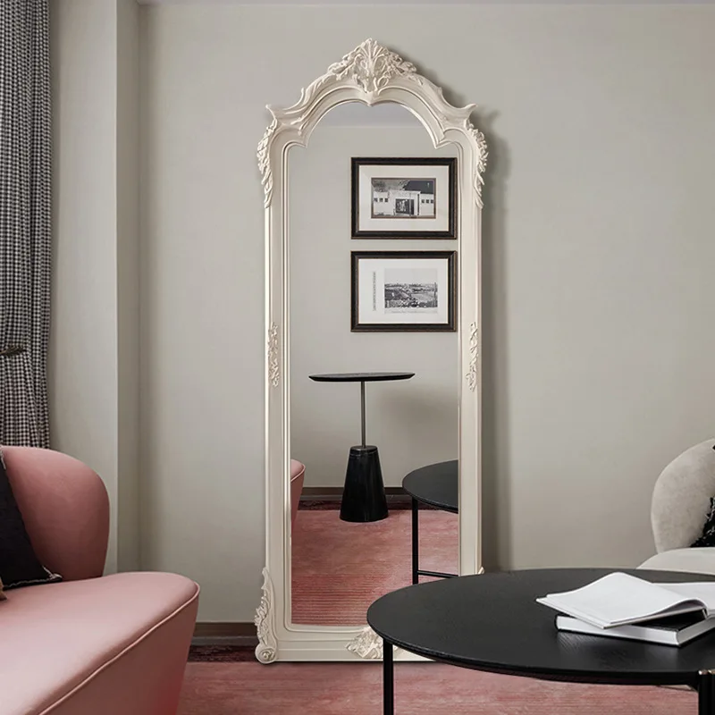 French retro dress mirror cream style art European carved full body floor mirror cloakroom clothing store fitting mirror