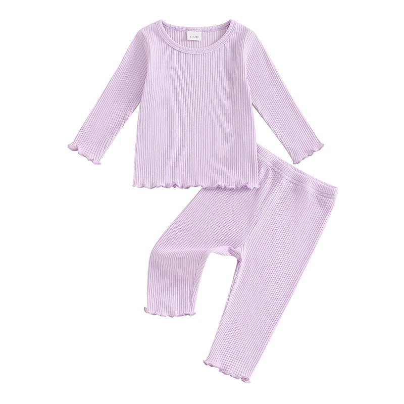 

Toddler Girl Ribbed Pants Set Long Sleeve Round Neck Tops Long Pants Lettuce Trim Outfits