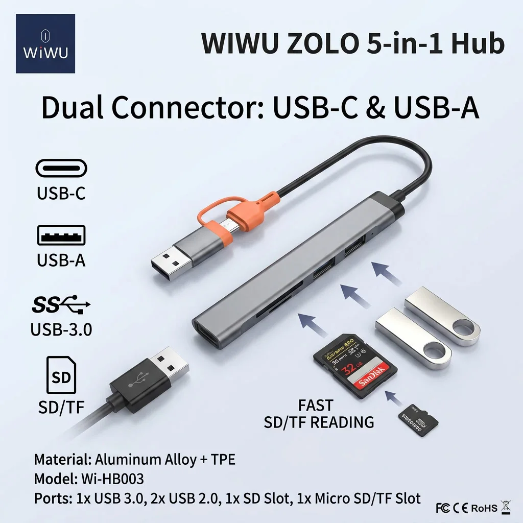 WiWU ZOLO 5‑in‑1 Dual‑Plug USB‑C USB‑A Hub Docking Station 5Gbps USB3.0 SD TF Card Reader Adapter For Laptop PC Tablet